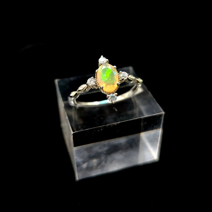 925 Fire Opal Silver Ring-Faceted Prong