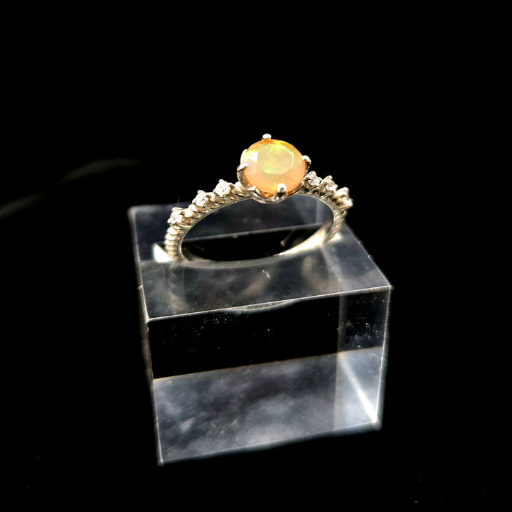 925 Fire Opal Silver Ring-Faceted Prong