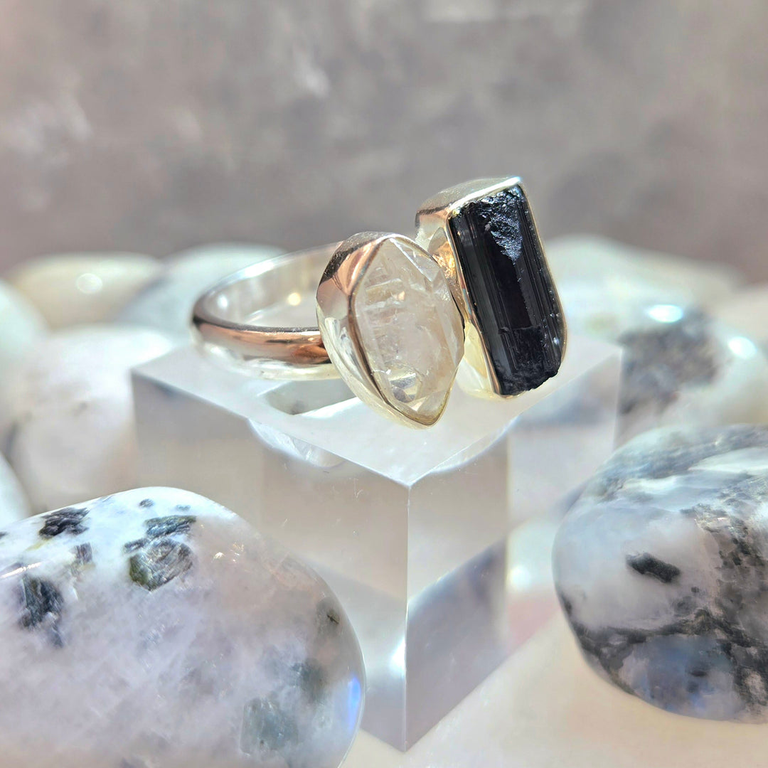 Black Tourmaline with Herkimer Diamond Ring Sterling Silver