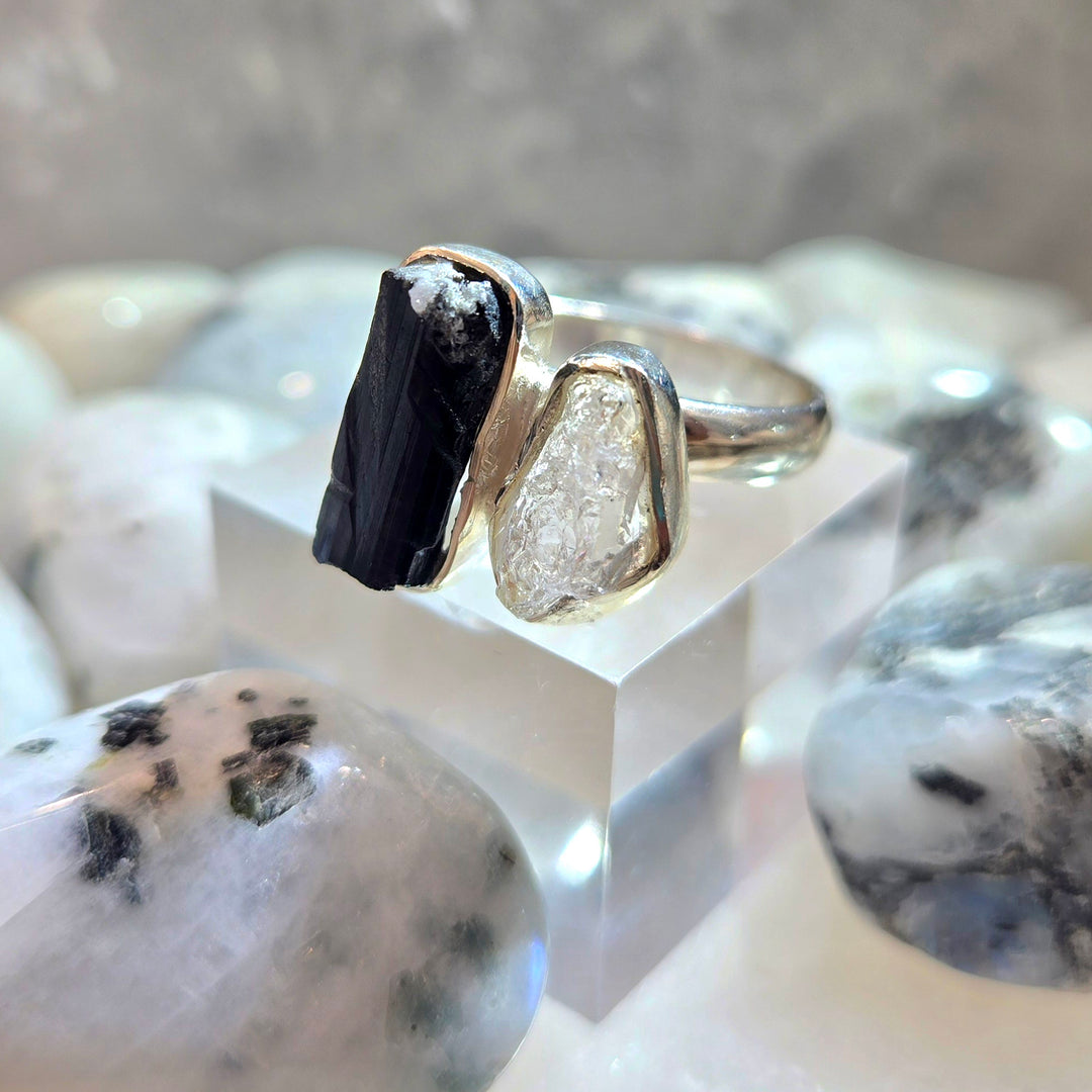 Black Tourmaline with Herkimer Diamond Ring Sterling Silver