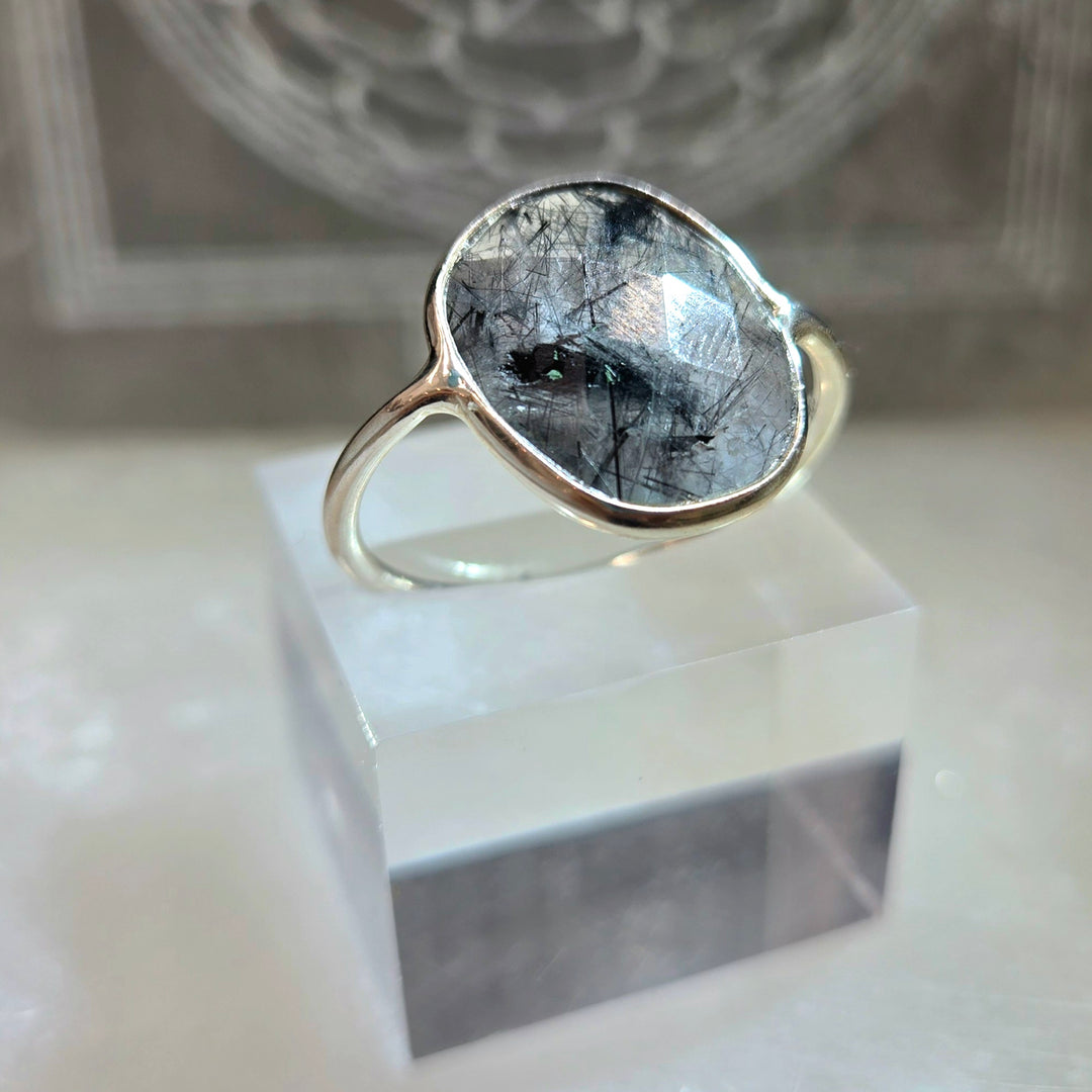 925 Tourmalinated Silver Ring-Faceted Flat L