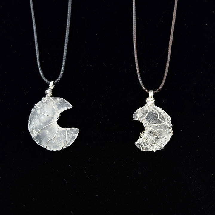 Clear Quartz Moon Necklace Silver Color Wire 3/4" Puffy