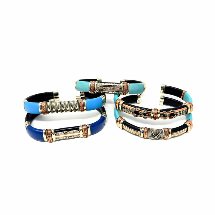 Blue Mix Leather Copper Bracelets