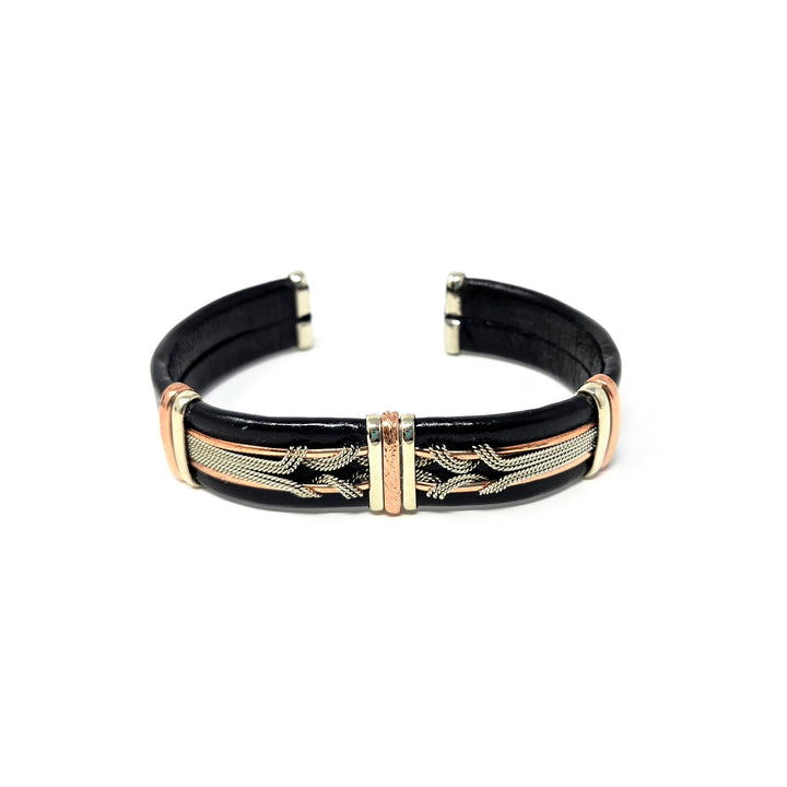 Large Black Leather Copper Bracelets