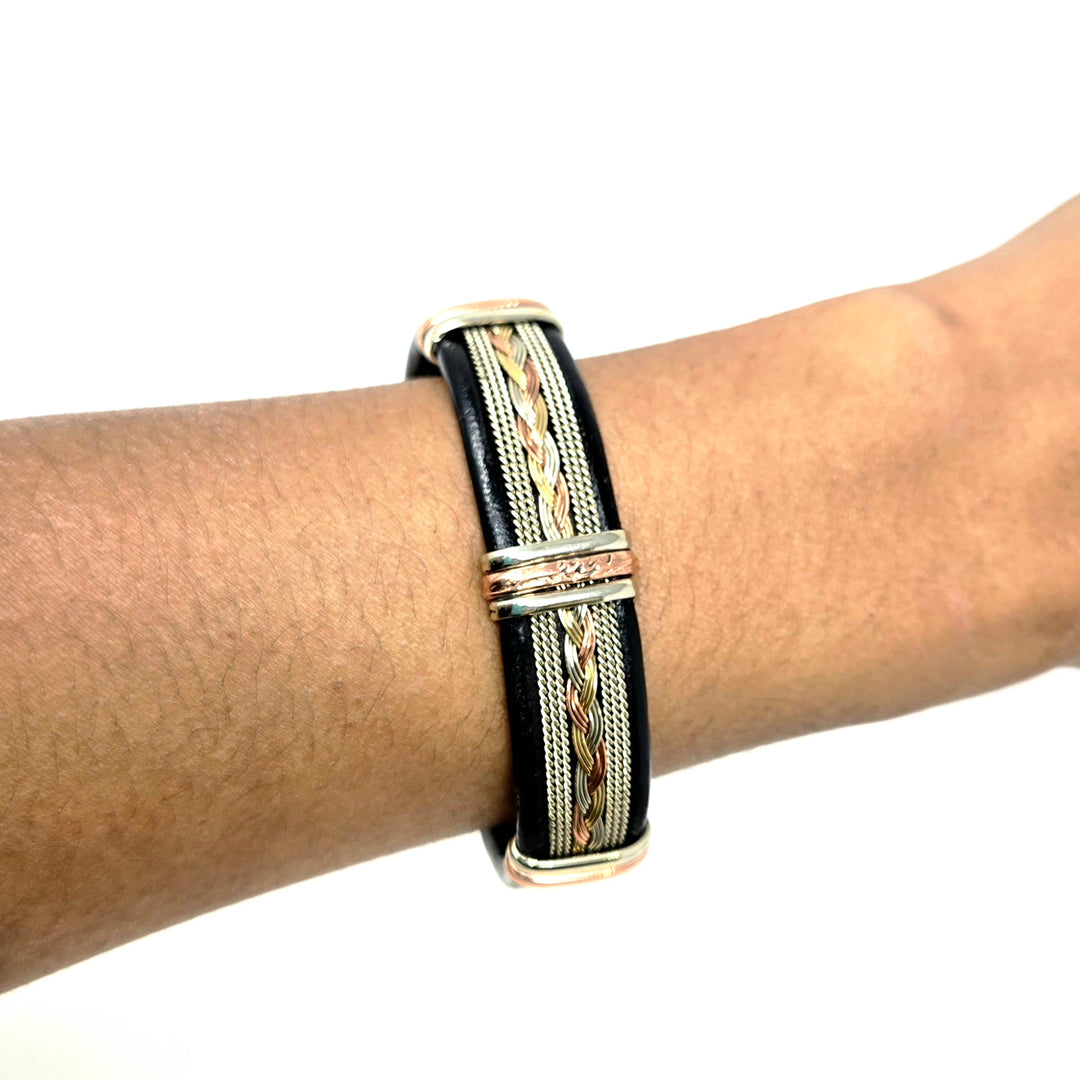 Large Black Leather Copper Bracelets