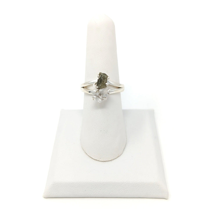 925 Moldavite Herkimer Ring- Rough Prong - The Harmony Store