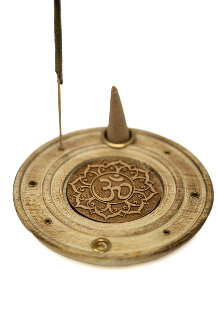 Hand Made Om Round Wooden Incense Holder Incense Holders